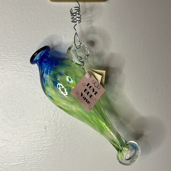 Loretta Eby NWT Handblown Hot Glass Blue and Green Marble LOVE Bud Vase Signed - Picture 1 of 10